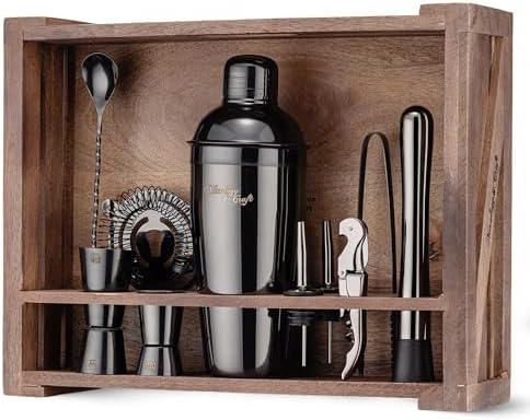 Rustic Cocktail Shaker Set – Includes Wood Stand, Complete Barware Kit with 24 Oz Shaker, Dual Jiggers, Pourers, Muddler, Strainer – Perfect for Home Bartenders (Gun-Metal Black)