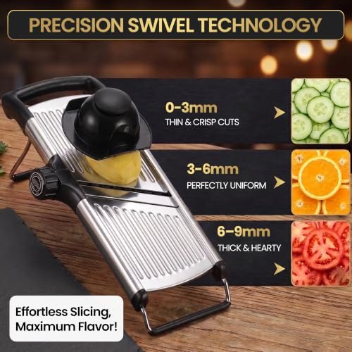 SAFI Mandoline Slicer for Kitchen, Adjustable 3-9mm Stainless Steel Vegetable Slicer with Julienne Blade, Non-Slip Base, Safety Hand Guard, Cut-Resistant Gloves & Brush – Potato, Onion & Fruit Cutter. - Image 7