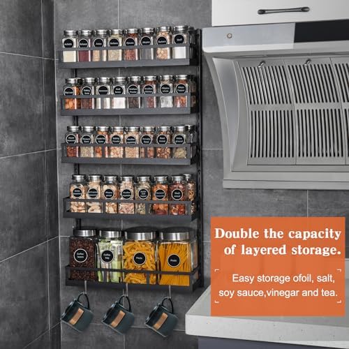 Wall Mount Spice Rack Organizer 5 Tier Height-Adjustable Hanging Spice Shelf Storage for Kitchen Pantry Cabinet, Dual-Use Seasoning Holder Rack with Hooks, Black-Patented