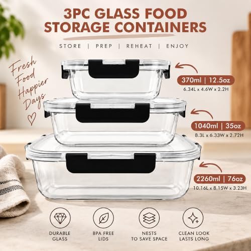 3 Pack (76/35 / 12.5) Oz Large Glass Storage Containers with Lids