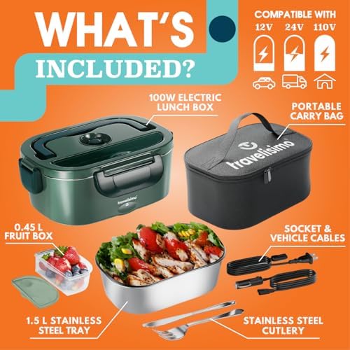 Electric Lunch Box for Adults 100W Heated Lunch Box For Men 1.5L Stainless Steel Portable Food Warmer, 12/24/110V for Travel & Work, Loncheras Electricas Para Calentar almuerzo