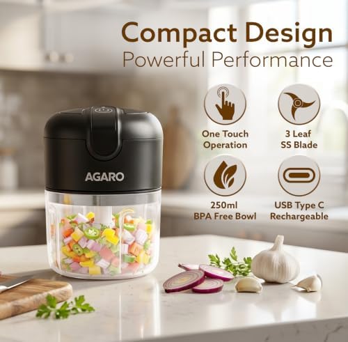 AGARO Elite Rechargeable Mini Electric Chopper Food Grade Bowl Stainless Steel Blades One-Touch Operation for Chopping Garlic, Ginger, Onion, Vegetables, Meat, Nuts, - Image 2