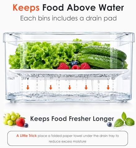 6 Pack Clear Fridge Organizer Bins with Drain Trays - Stackable