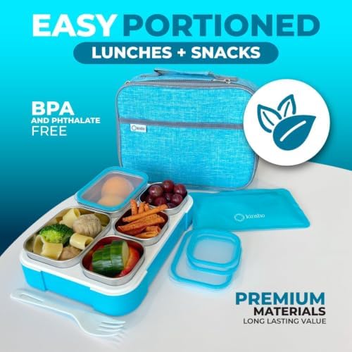 Stainless Steel Kids Bento Lunch Box with Insulated Bag & Ice Pack for Toddler Daycare, Kids or Adults, Leak Proof School Meal Container, Snack Food Containers, 5 Compartment Snackle-box 34 Oz Blue