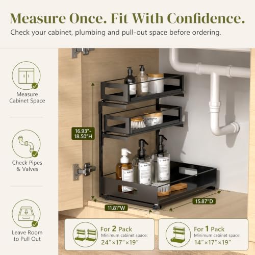 Under Sink Organizer 2 Pack, 3-Tier Pull Out Under Kitchen Sink Organizer, Bathroom Under Sink Storage Organizer with Solid Metal Shelves, Adjustable Height, 60 lb Capacity, Black