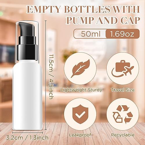 10 Pieces Travel Pump Bottles for Toiletries 2oz Small Pump Bottles Travel Bottle Plastic Empty Dispenser with Black Cap for Lotion Cream Essential Oil, 50ml (White) - Image 2
