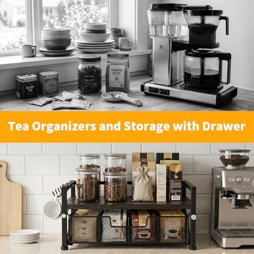 Tea Bag Organizer,Coffee Bar Organizer,Teabag Holder & Coffee Station with Storage Drawer,Wood Tea Station Chest Display Container Box for Countertop Kitchen (Grey)