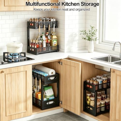 2-Pack Under Sink Organizer, 2-Tier Pull Out Cabinet Storage, Black