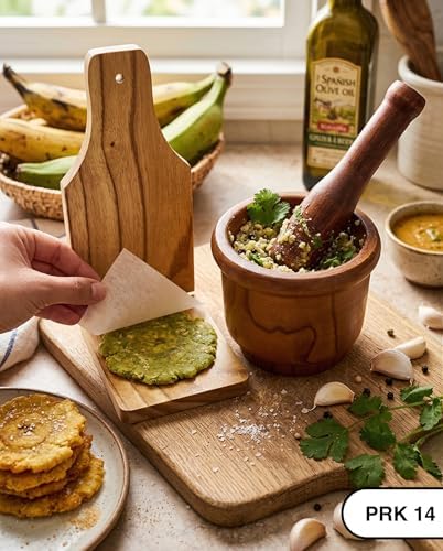 2pcs Pilon Tostonera Kitchen Latin Cuisine Wooden Mortar and Pestle with Natural Wood Plantain Press – Tostones Plantain Smasher Grinder for Fried Bananas, Garlic, Spices, Herbs, Peppers Add Flavor