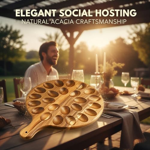 2 Pcs Quality Acacia Wood Egg Holders with Slicers, Sturdy 24 Holes Wooden Deviled Egg Platter with Handle for Refrigerator, Kitchen Counter, Gatherings, Camping & Picnic
