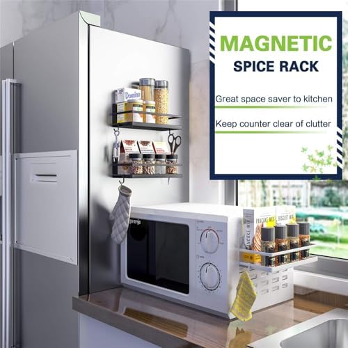 Magnetic Spice Rack, Strong Magnetic Shelf with 4 Removable Hooks, Perfect Space Saver for Small Kitchen/ Apartment, Awesome Metal Cabinet for Holding Spices, Jars, Bottle(White, 2Pack)