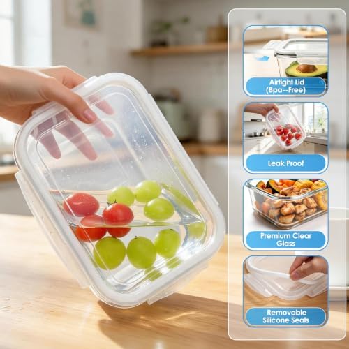 4 Pack 63oz/8 Cups Large Glass Food Storage Containers with Lids, White