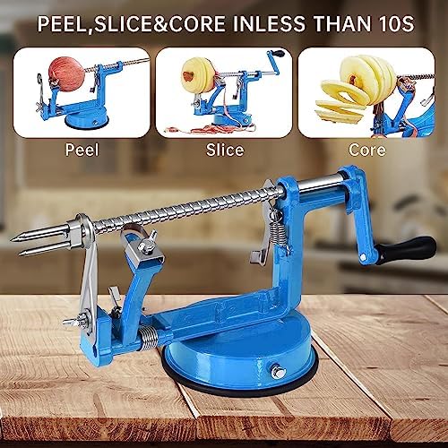Apple Peeler, Slicer Corer Potato Peelers 3 In 1, Stainless Steel Heavy Duty with Suction Cup Base (Blue)