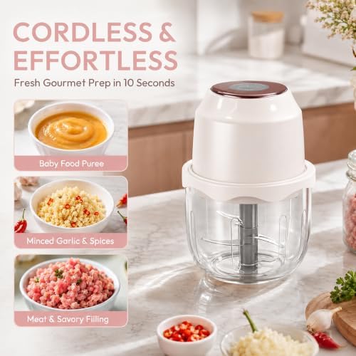 350ML Electric Garlic Meat Grinder, Wireless USB Rechargeable Food Chopper, 6-Blade High-Speed Chopper, Mini Convenient Kitchen Mixer for Garlic and Meat (Pink) - Image 2