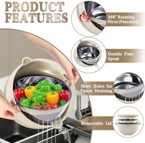 4-in-1 Colander with Bowl Set - Patented - 360° Rotatable Strainer, Beige