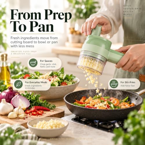 5-in-1 Wireless Electric Vegetable Chopper, Handheld Tool for Chopping, Slicing, Grating and Whisking, Rechargeable Processor with Cleaning Brush for Garlic, chili & Vegetables - Image 5