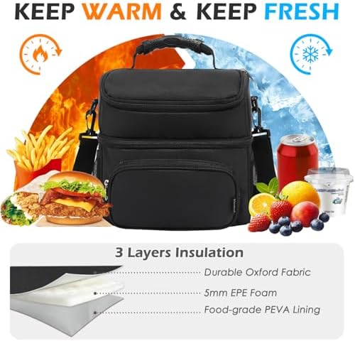 Double Layer Cooler Insulated Lunch Bag Adult Lunch Box Large Tote Bag for Men, Women, With Adjustable Strap,Front Pocket and Dual Large Mesh Side Pockets