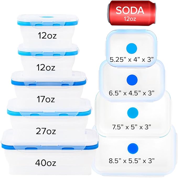 ECOBERI Collapsible Food Storage Containers, Silicone 5 Piece Set, 12/17/27/40 oz, BPA-Free Meal Prep Containers with Airtight Lids, Space-Saving, Freezer and Dishwasher Safe