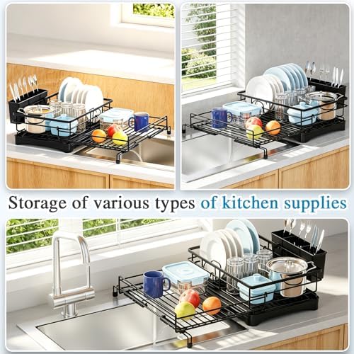 Expandable Dish Drying Rack for Kitchen Counter, Large Capacity Dish Rack with 360° Rotatable Drain Spout & Utensil Holder, Stainless Steel Dish Drainer for Kitchen Sink, Black Trombone