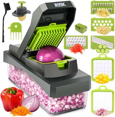 10-in-1 Vegetable Chopper – 6 Blade Veggie Chopper with Container, Food Dicer, Onion Cutter, Cheese Grater, Mandoline Slicer, Kitchen Gadgets & Home Essentials (Gray)