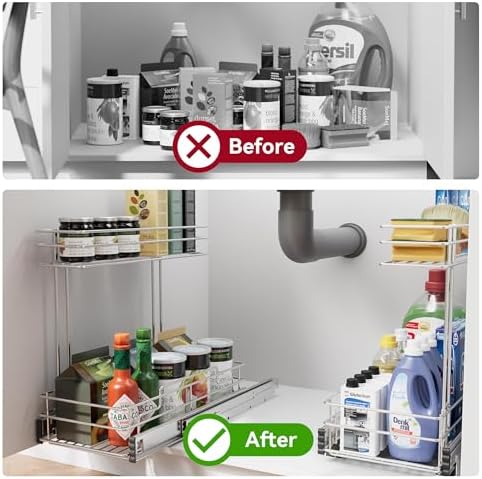 Under Sink Organizer 9" W X17 D, Pull Out Cabinet Organizer 2 Tier