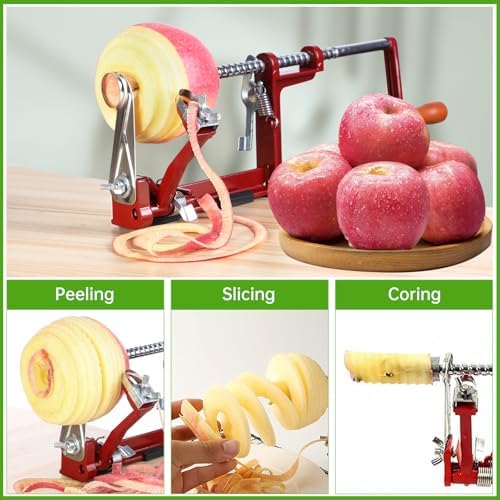 Apple Peeler Corer, Long lasting Chrome Cast Magnesium Alloy Apple Peeler Slicer Corer with Stainless Steel Blades and Powerful Clamp Base for Apples and Potato(Deep Red)