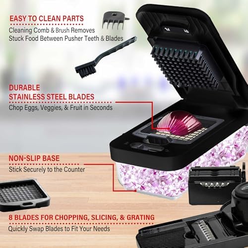 Brentwood All-in-One Food & Vegetable Chopper, Mandoline Slicer, and Cheese Grater with 4.25-Cup Storage Container and 8 Interchangeable Stainless Steel Blades (Black) - Image 7