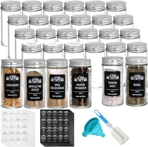30 Pack Round Spice Bottles Jars with Silver Lids, 3oz Empty Glass Spice Containers Shakers Complete Organizer Set Includes Shaker Lids, Wide Funnel, Labels and Cleaning Brush