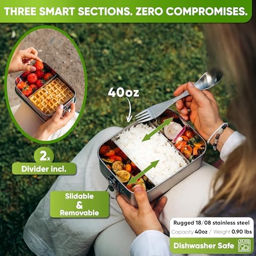 Stainless Steel Lunch Box for Adults I 40oz I with free Sealing I Metal Bento Box with 3 Compartments, Leak-Proof Lunch Container, Metal Food Storage for Travel, Work, Eco-Friendly