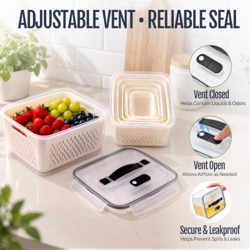 Fruit Storage Containers for Fridge: 3 PCS with Removable Colander, Handle