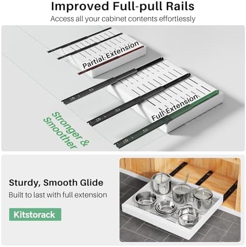 Pull out Cabinet Organizer, Expandable(12"-20") Heavy Duty Slide out Drawers Fixed with Adhesive Nano Film for Pots, Roll out Shelf Storage for Kitchen Base Cabinet Organization(White)