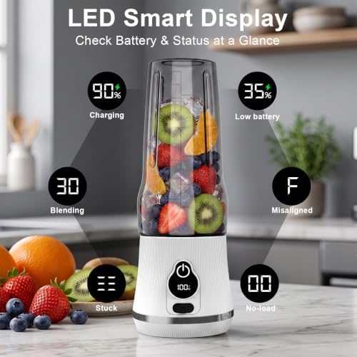 Portable Blender for Smoothies & Shakes, 17oz Personal Blender with 6 Stainless Steel Blades, USB-C Rechargeable, LED Display, Compact Travel Juicer with Extra Lid for Gym, Office & On-the-Go, White - Image 3
