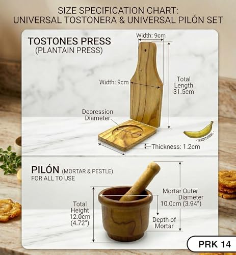 2pcs Pilon Tostonera Kitchen Latin Cuisine Wooden Mortar and Pestle with Natural Wood Plantain Press – Tostones Plantain Smasher Grinder for Fried Bananas, Garlic, Spices, Herbs, Peppers Add Flavor