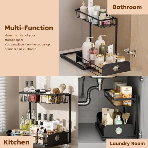 Under Sink Organizer, 1 Pack Under Kitchen Cabinet Organizer, Height Adjustable Pull Out Mute Slide-Out 2 Tier Metal Under Sink Storage for Bathroom, Pantry, Kitchen & Bedroom (Black, 1 Pack)