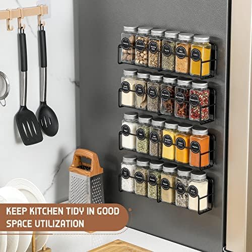 Magnetic Spice Rack, 4 Pack, 24 Square Glass Jars with Lids, Quick-Find Pre-Printed Labels, Funnel, Space Saver, Refrigerator and Microwave Oven Organizer