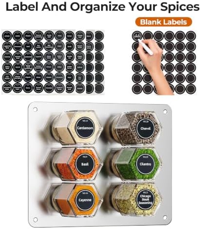 Set of 12 magnetic glass spice tins with 180 seasoning label stickers