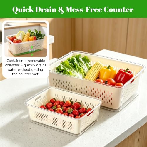 5 Pack Fruit Storage Containers for Fridge, Stackable Leakproof Food Keeper with Removable Colander, BPA-Free Produce Saver for Vegetables, Berries & Meat