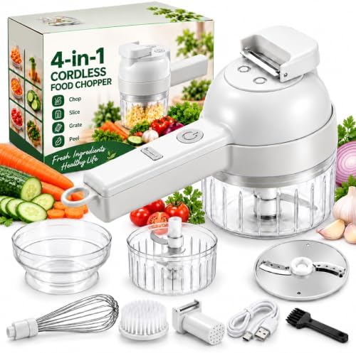 4 in 1 Handheld Electric Vegetable Cutter, Wireless Vegetable Cutter (800mAh White) by Unknown