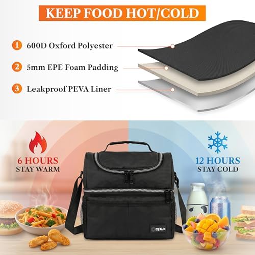Insulated Lunch Bag for Men Women, Double Decker Leakproof, Black