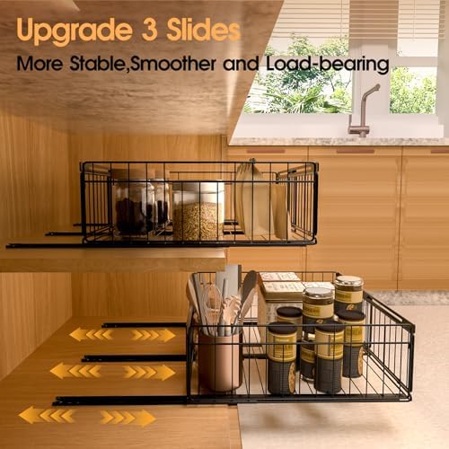 2Pack Expandable Pull Out Cabinet Organizer Adjustable Width 13"-20", Kitchen Organization with Adhesive.Bathroom Under Sink Organizers and Storage,Bedroom Slide out Drawers,Pantry