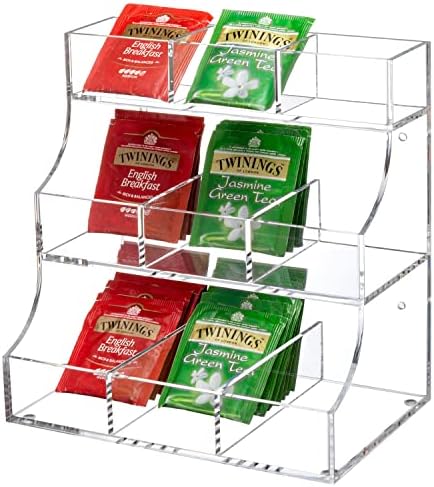 3 Tier Clear Acrylic Tea Bag Organizer, Countertop or Wall Mount