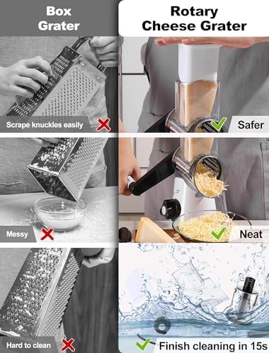 Cheese Grater Rotary, Rotary Grater for Kitchen, Kitchen Grater Vegetable Slicer with 3 Drum Blades, Fast Cutting Cheese Shredder for Vegetables and Nuts - Image 5