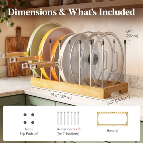Bamboo Pot Lids Organizer Inside Cabinet, Pan Organizer, 8 Dividers