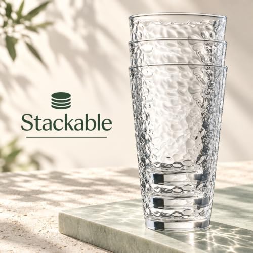 Set of 10 Hammered Glass Cups, Clear Heavy Base Drinking Glasses
