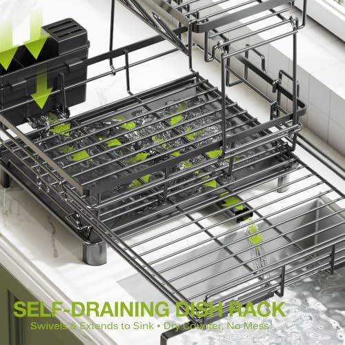 2-Tier Expandable Dish Drying Rack for Kitchen Counter, Black