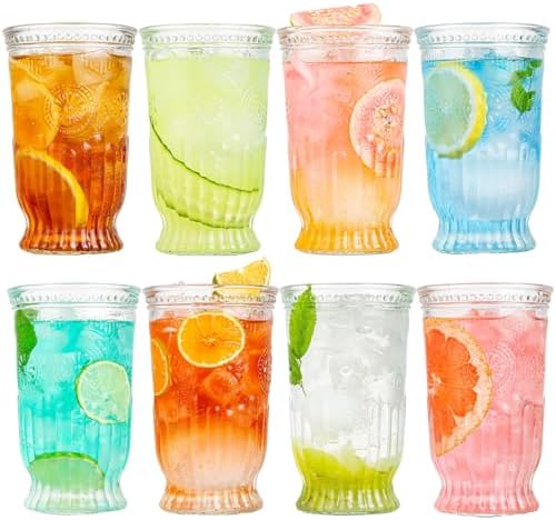 Vintage Drinking Glasses, 8 pcs Embossed Designed Highball Glasses, 16oz Glass Cups, Tall Water Glass Tumbler, Mojito Cup, Cocktail Glass, Vintage Glassware Set for Juice, Cocktail, Whiskey