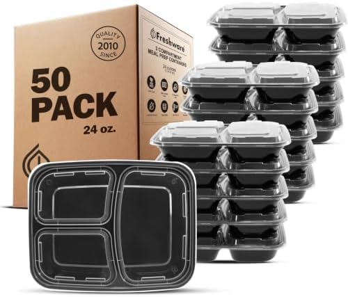 Meal Prep Containers with Lids 24 oz [50 Pack] 3 Compartment
