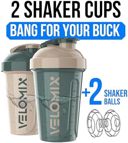 VELOMIX 2 Pack 20oz Protein Shaker Bottle for Protein Mixes, Blue&Beige - Image 2