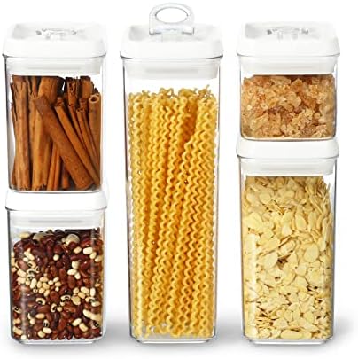 Flip Tite Storage Container with Lid 4" Airtight Ring Seal Top, Stackable Acrylic Canister Jar Set for Kitchen Pantry Organizer, Food Spice Pasta Snack (5pk, Variety)