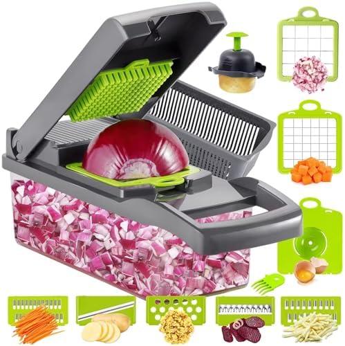ALIF H&K 16-in-1 Vegetable Chopper & Mandoline Slicer, Heavy-Duty Food Chopper with 8 Stainless Steel Blades, Onion Dicer, Veggie Cutter, Drain Basket, Egg Separator & Storage Container by Unknown